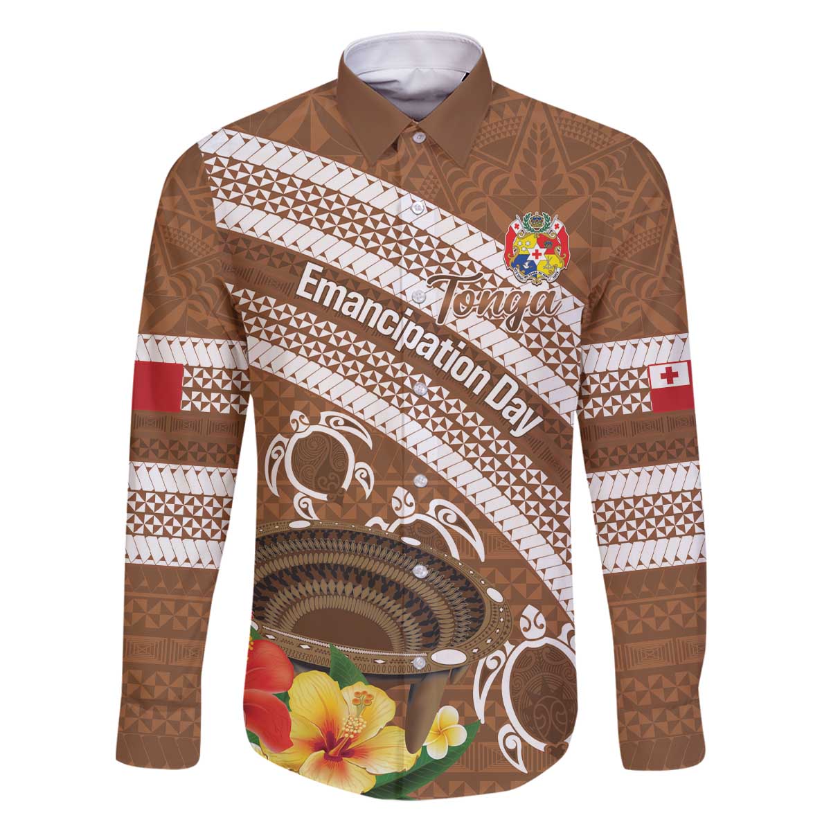 Kingdom Of Tonga Emancipation Day Family Matching Off The Shoulder Long Sleeve Dress and Hawaiian Shirt Tongan Ngatu With Kumete Brown