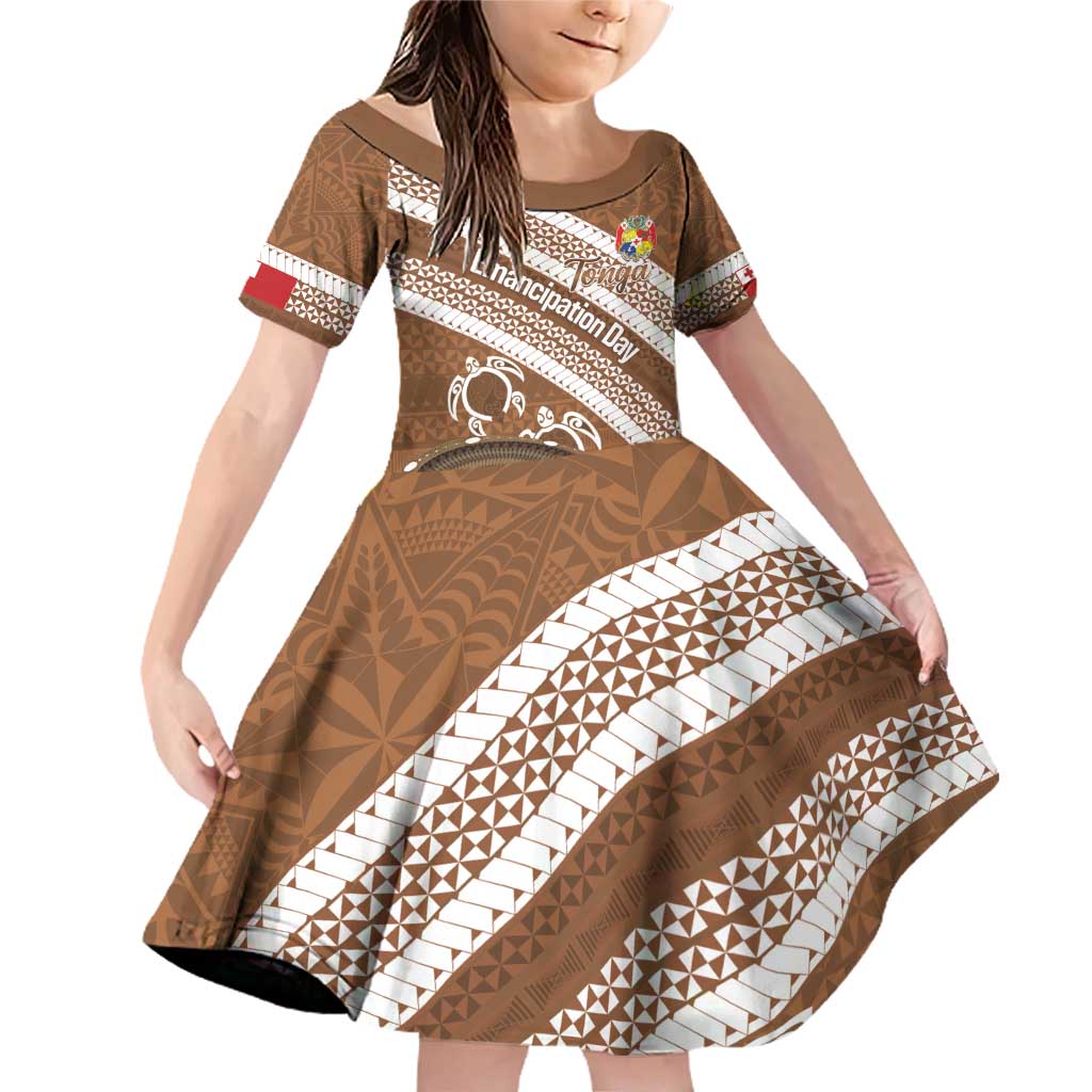 Kingdom Of Tonga Emancipation Day Family Matching Off Shoulder Short Dress and Hawaiian Shirt Tongan Ngatu With Kumete Brown