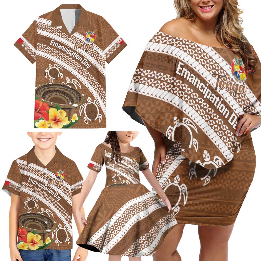 Kingdom Of Tonga Emancipation Day Family Matching Off Shoulder Short Dress and Hawaiian Shirt Tongan Ngatu With Kumete Brown