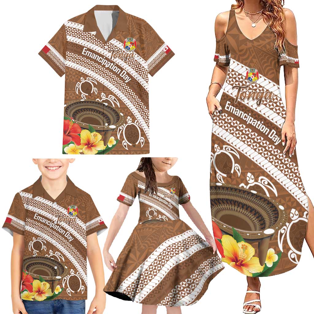 Kingdom Of Tonga Emancipation Day Family Matching Summer Maxi Dress and Hawaiian Shirt Tongan Ngatu With Kumete Brown