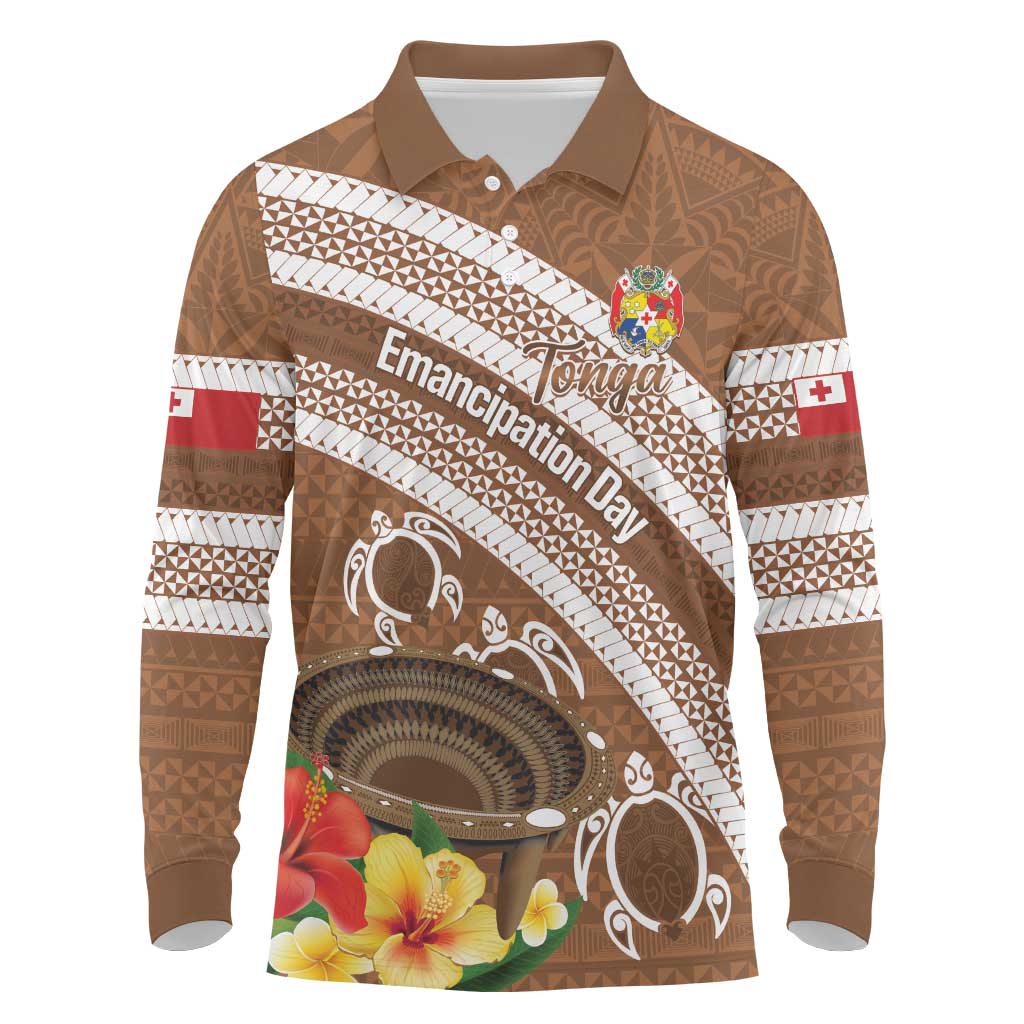 Kingdom Of Tonga Emancipation Day Long Sleeve Polo Shirt Tongan Ngatu With Kumete Brown
