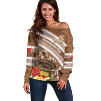 Kingdom Of Tonga Emancipation Day Off Shoulder Sweater Tongan Ngatu With Kumete Brown