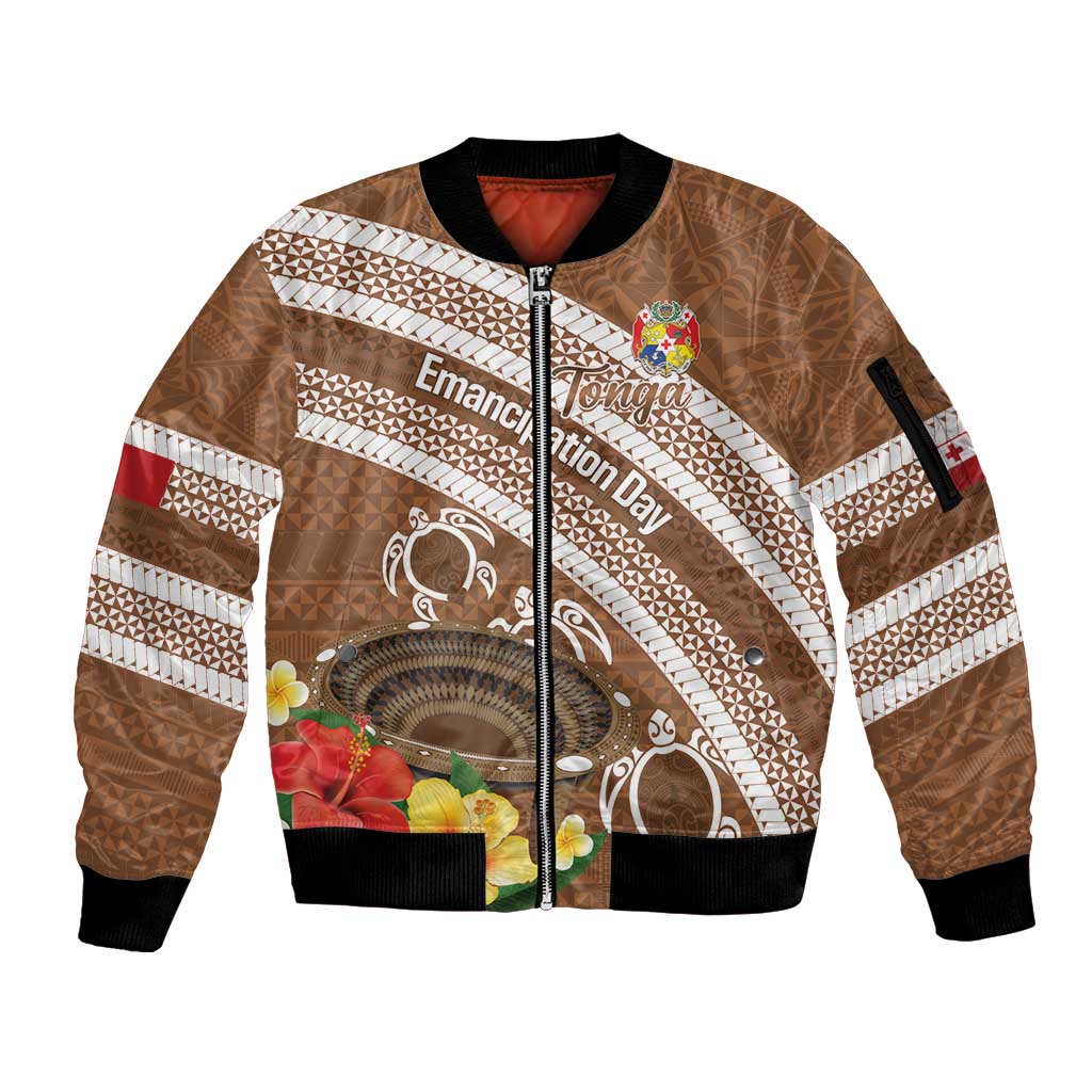 Kingdom Of Tonga Emancipation Day Sleeve Zip Bomber Jacket Tongan Ngatu With Kumete Brown LT14 Unisex Brown - Polynesian Pride
