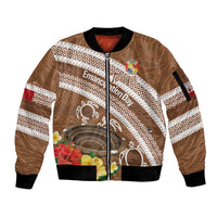 Kingdom Of Tonga Emancipation Day Sleeve Zip Bomber Jacket Tongan Ngatu With Kumete Brown LT14 Unisex Brown - Polynesian Pride