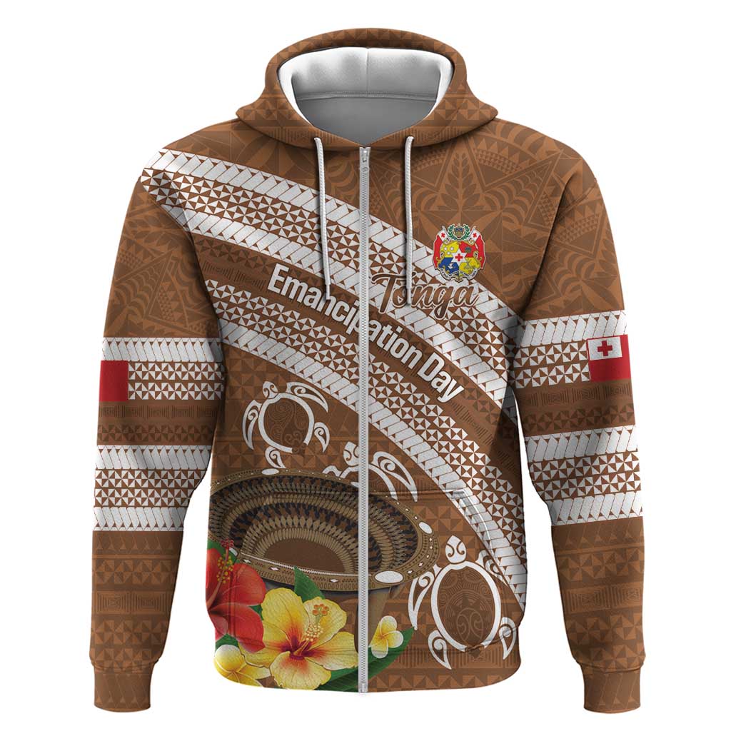 Kingdom Of Tonga Emancipation Day Zip Hoodie Tongan Ngatu With Kumete Brown LT14 Zip Hoodie Brown - Polynesian Pride