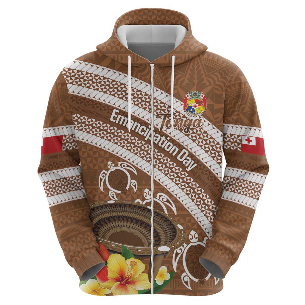 Kingdom Of Tonga Emancipation Day Zip Hoodie Tongan Ngatu With Kumete Brown LT14 - Polynesian Pride