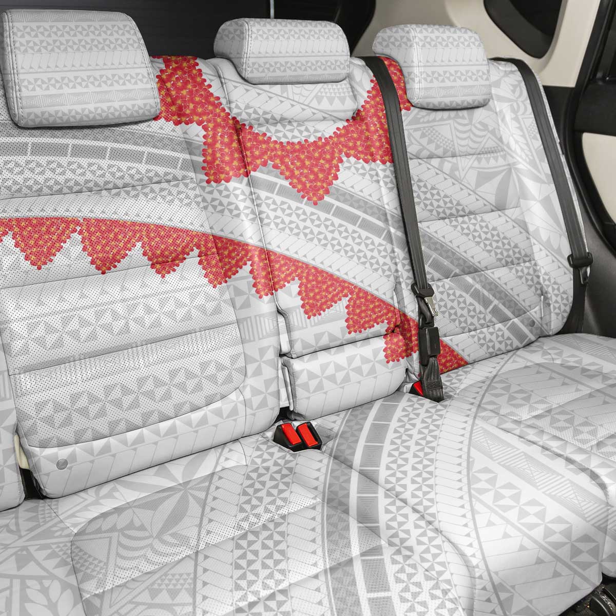 Tonga White Sunday Back Car Seat Cover Heilala Flowers Tongan Ngatu Pattern