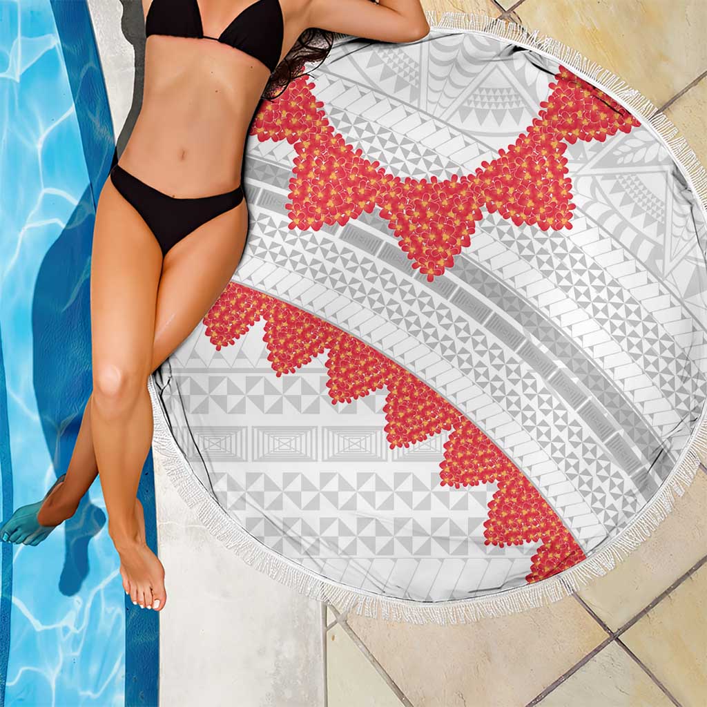 Tonga White Sunday Beach Blanket Heilala Flowers Tongan Ngatu Pattern