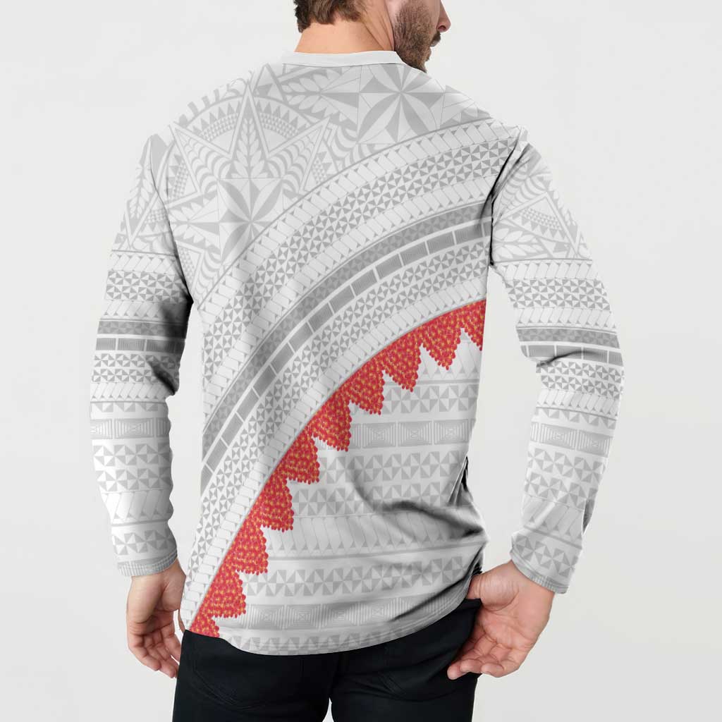 Tonga White Sunday Button Sweatshirt Heilala Flowers Tongan Ngatu Pattern