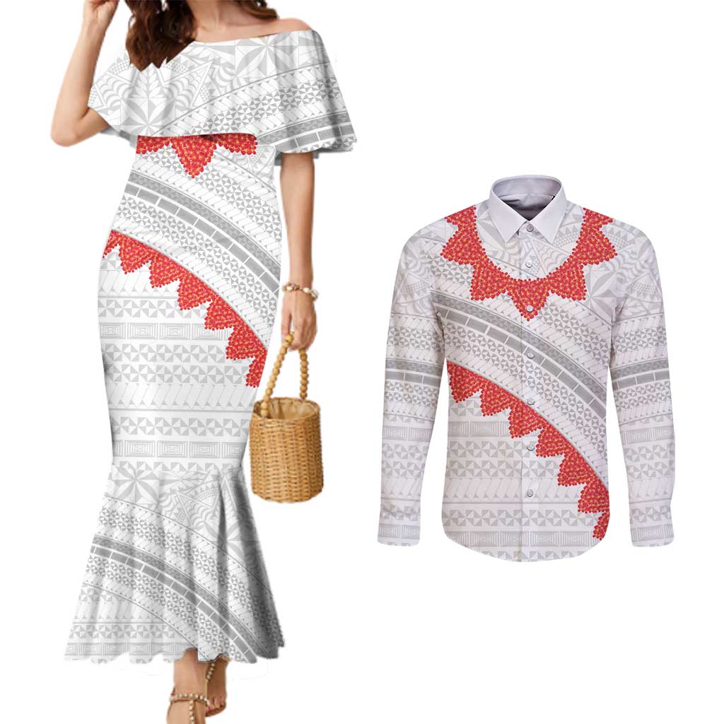 Tonga White Sunday Couples Matching Mermaid Dress and Long Sleeve Button Shirt Heilala Flowers Tongan Ngatu Pattern