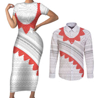 Tonga White Sunday Couples Matching Short Sleeve Bodycon Dress and Long Sleeve Button Shirt Heilala Flowers Tongan Ngatu Pattern