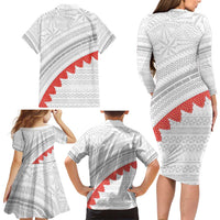 Tonga White Sunday Family Matching Long Sleeve Bodycon Dress and Hawaiian Shirt Heilala Flowers Tongan Ngatu Pattern