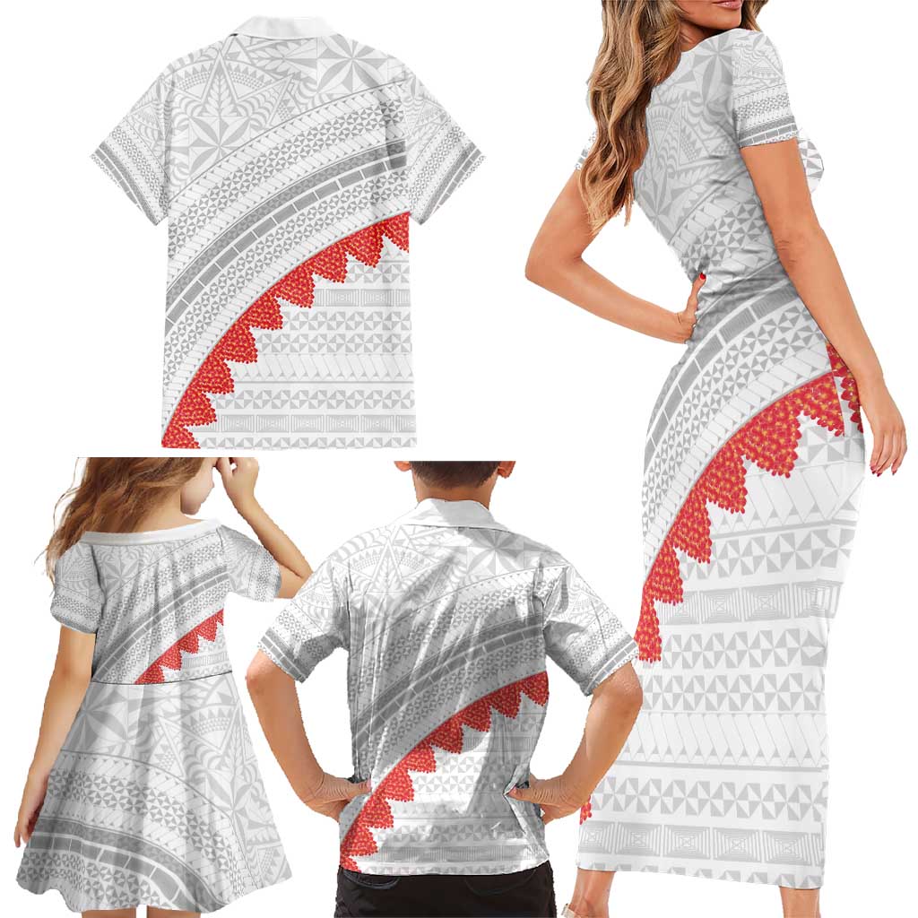 Tonga White Sunday Family Matching Short Sleeve Bodycon Dress and Hawaiian Shirt Heilala Flowers Tongan Ngatu Pattern
