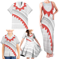 Tonga White Sunday Family Matching Tank Maxi Dress and Hawaiian Shirt Heilala Flowers Tongan Ngatu Pattern