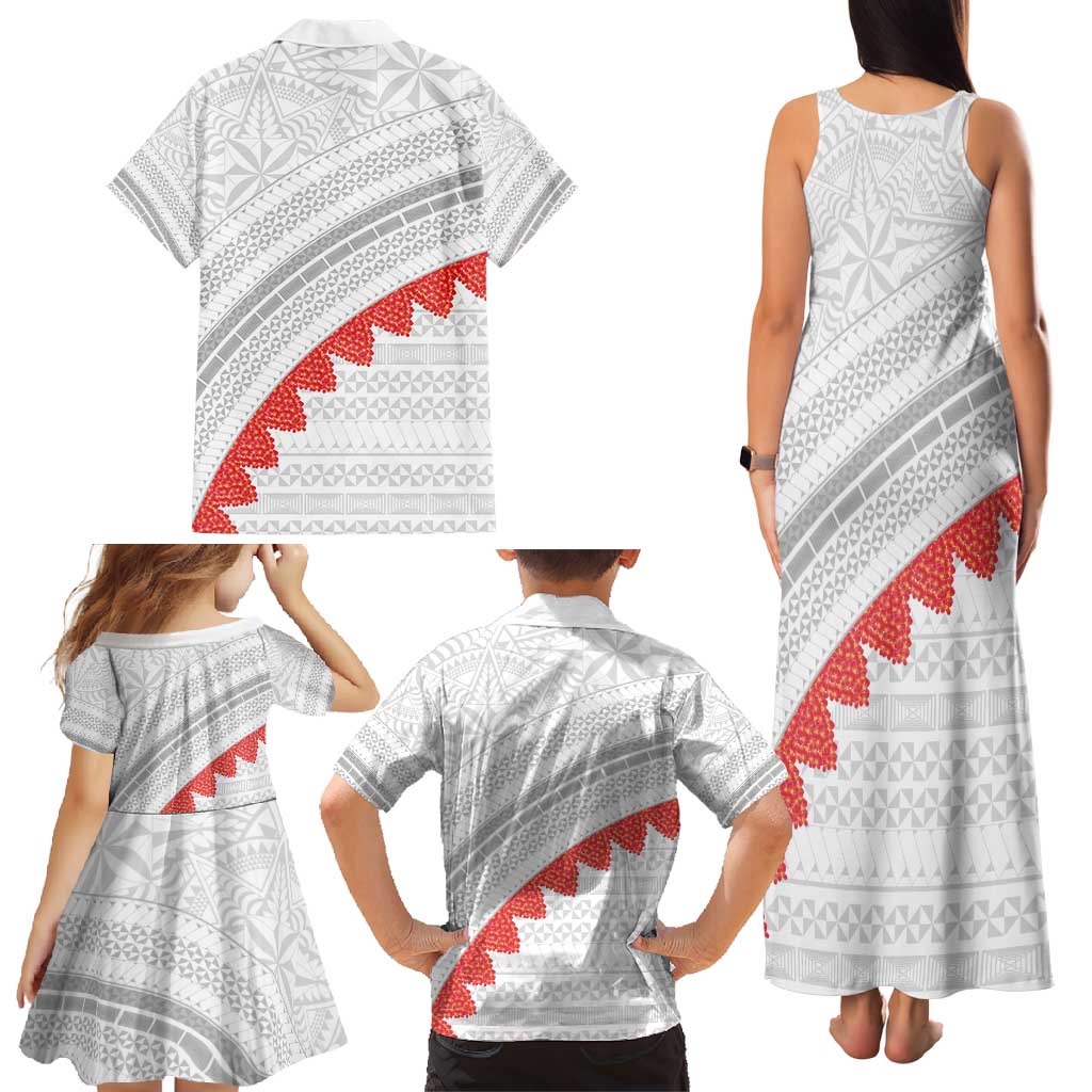 Tonga White Sunday Family Matching Tank Maxi Dress and Hawaiian Shirt Heilala Flowers Tongan Ngatu Pattern