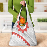 Tonga White Sunday Grocery Bag Heilala Flowers Tongan Ngatu Pattern