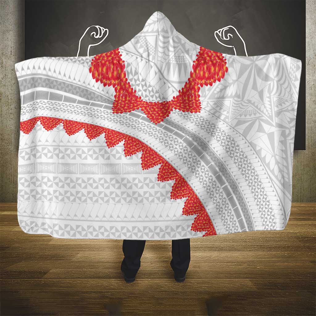 Tonga White Sunday Hooded Blanket Heilala Flowers Tongan Ngatu Pattern