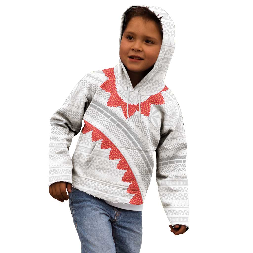 Tonga White Sunday Kid Hoodie Heilala Flowers Tongan Ngatu Pattern