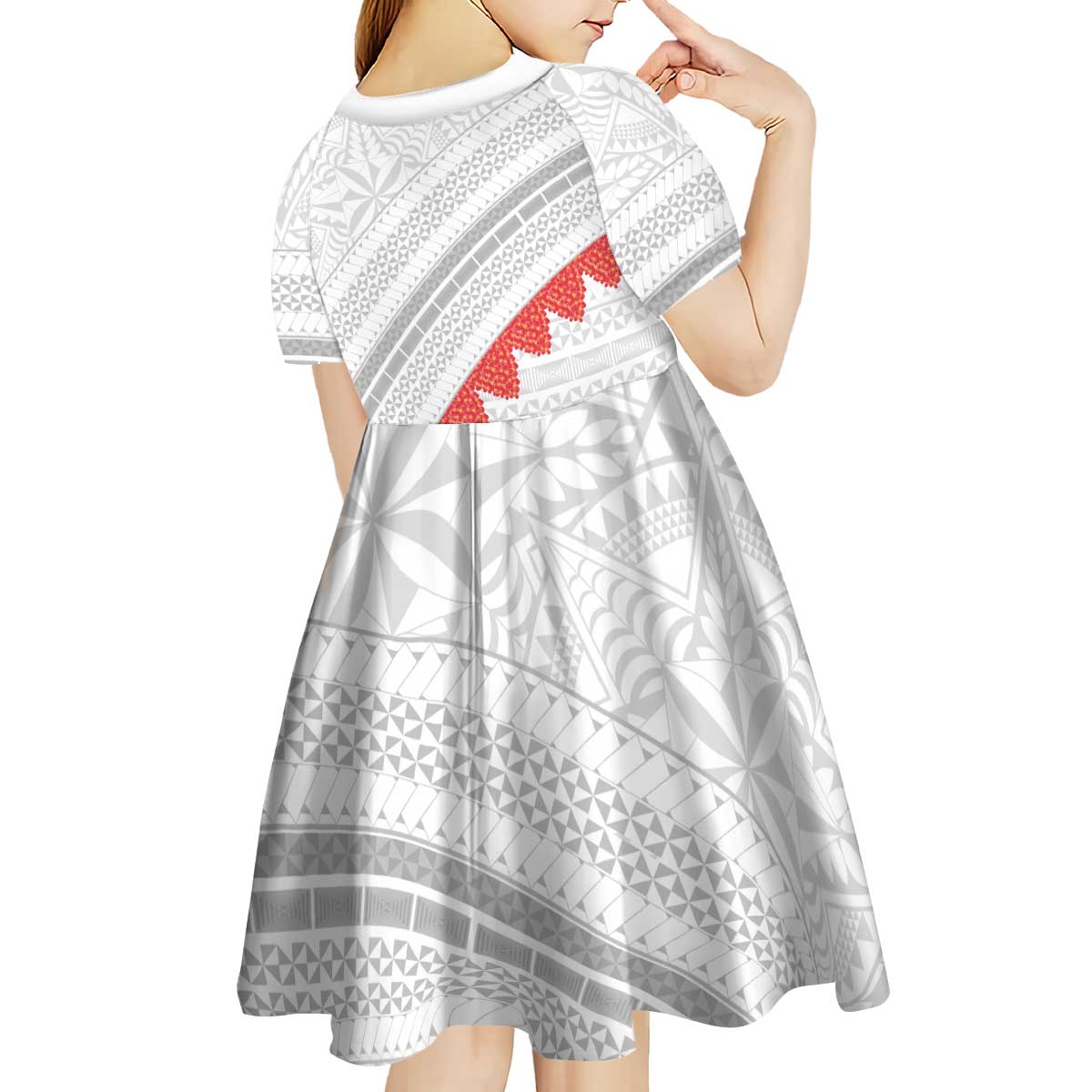 Tonga White Sunday Kid Short Sleeve Dress Heilala Flowers Tongan Ngatu Pattern