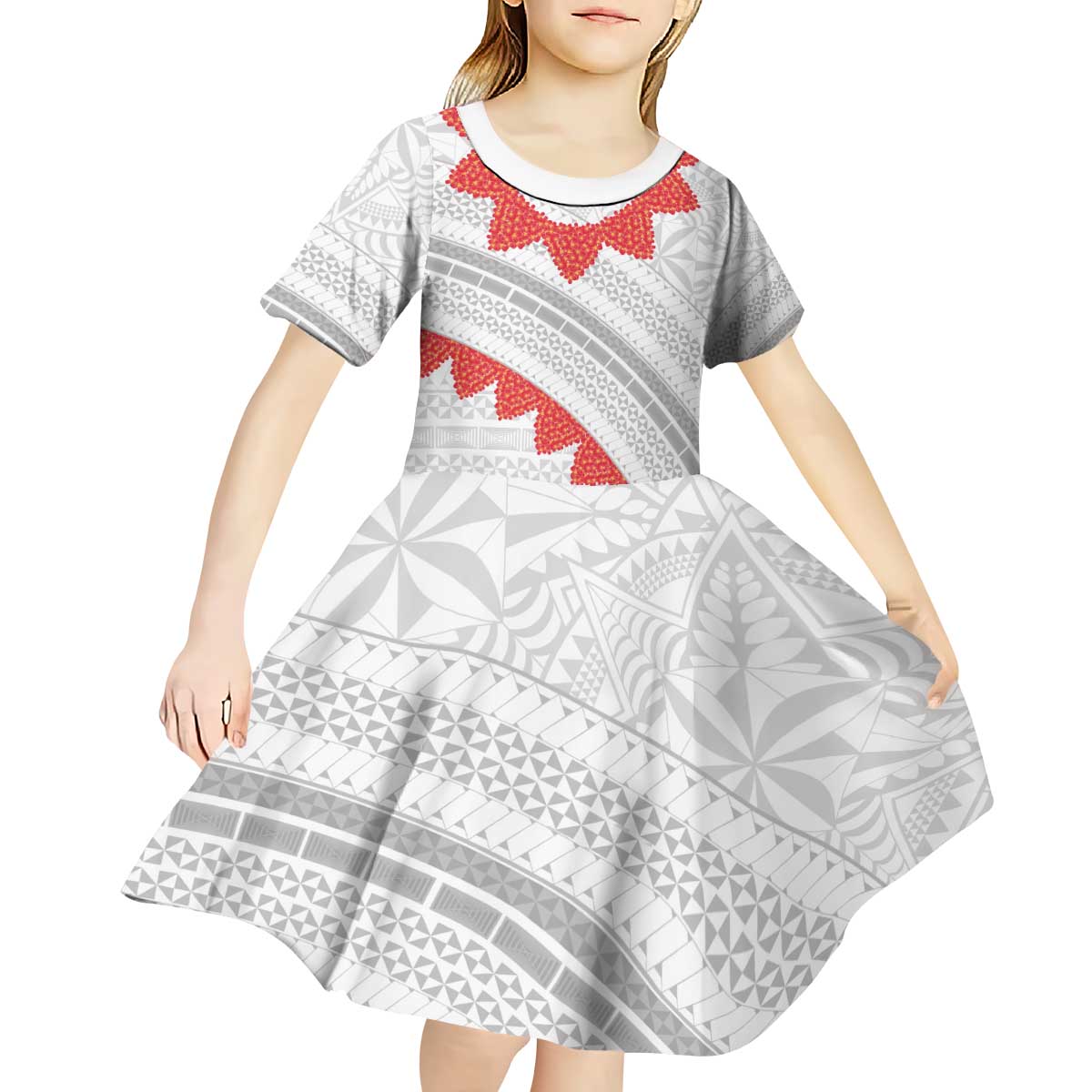 Tonga White Sunday Kid Short Sleeve Dress Heilala Flowers Tongan Ngatu Pattern