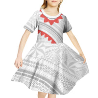 Tonga White Sunday Kid Short Sleeve Dress Heilala Flowers Tongan Ngatu Pattern