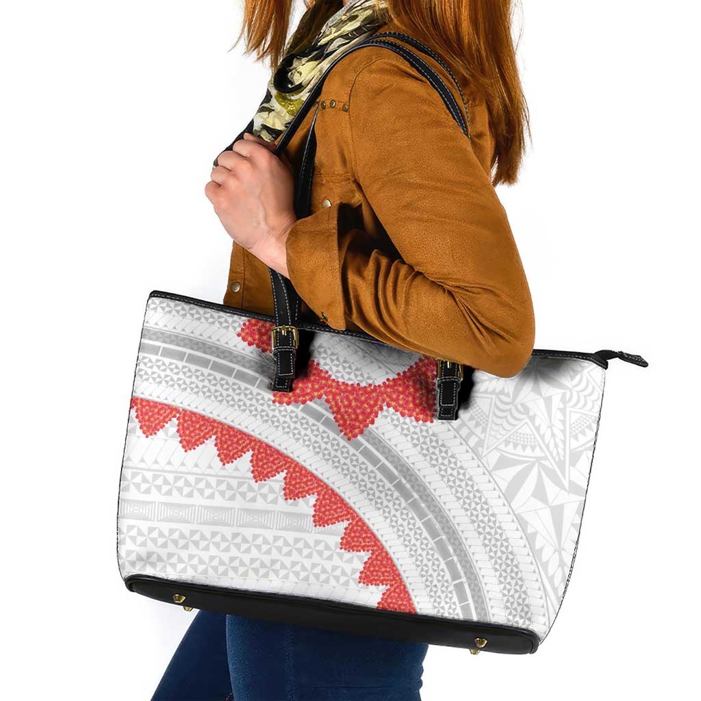 Tonga White Sunday Leather Tote Bag Heilala Flowers Tongan Ngatu Pattern
