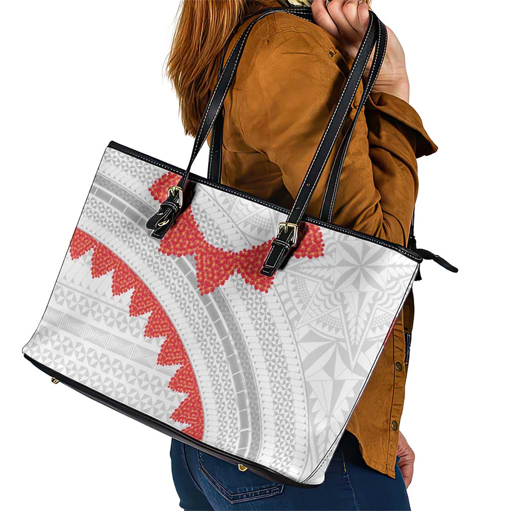 Tonga White Sunday Leather Tote Bag Heilala Flowers Tongan Ngatu Pattern