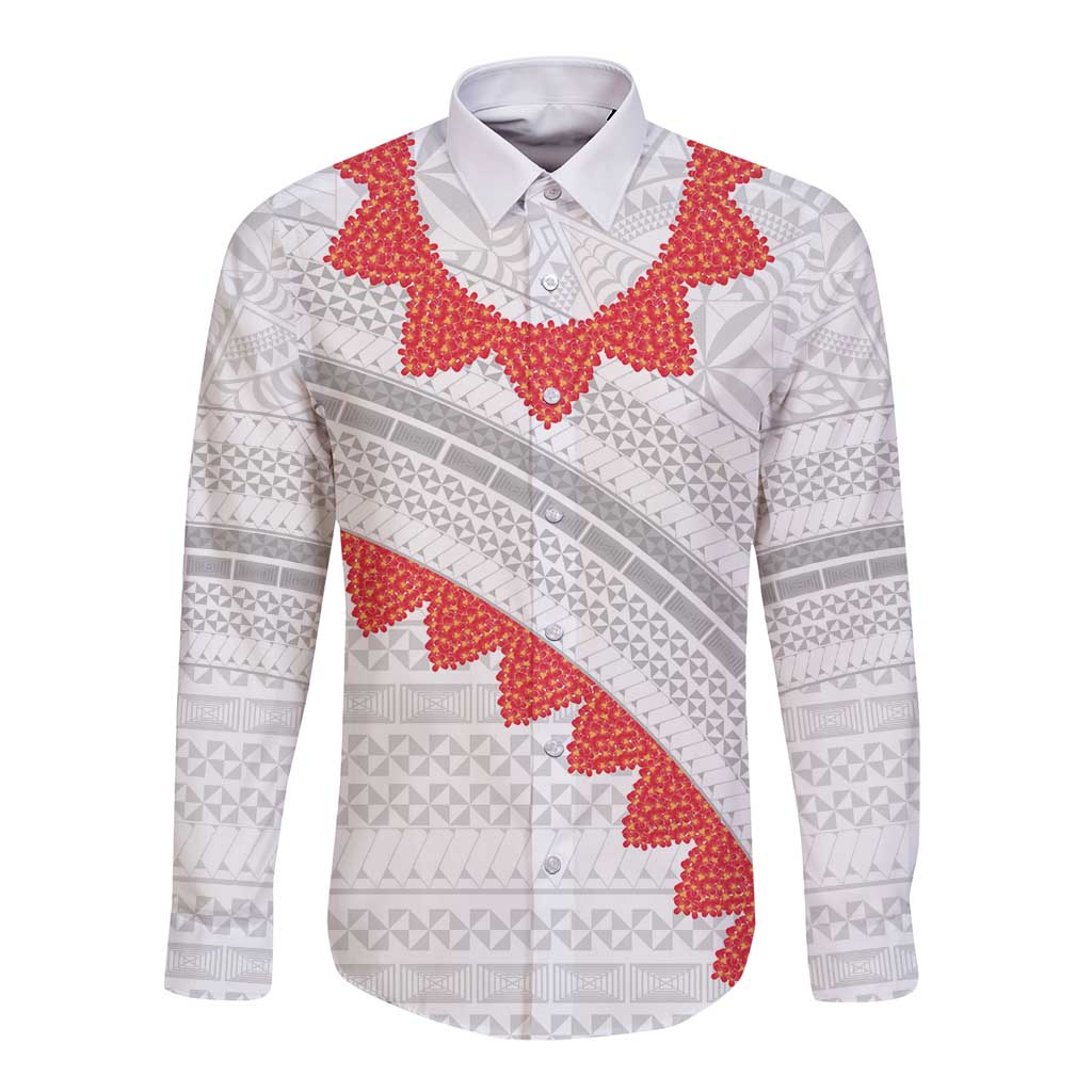 Tonga White Sunday Long Sleeve Button Shirt Heilala Flowers Tongan Ngatu Pattern