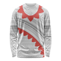 Tonga White Sunday Long Sleeve Shirt Heilala Flowers Tongan Ngatu Pattern