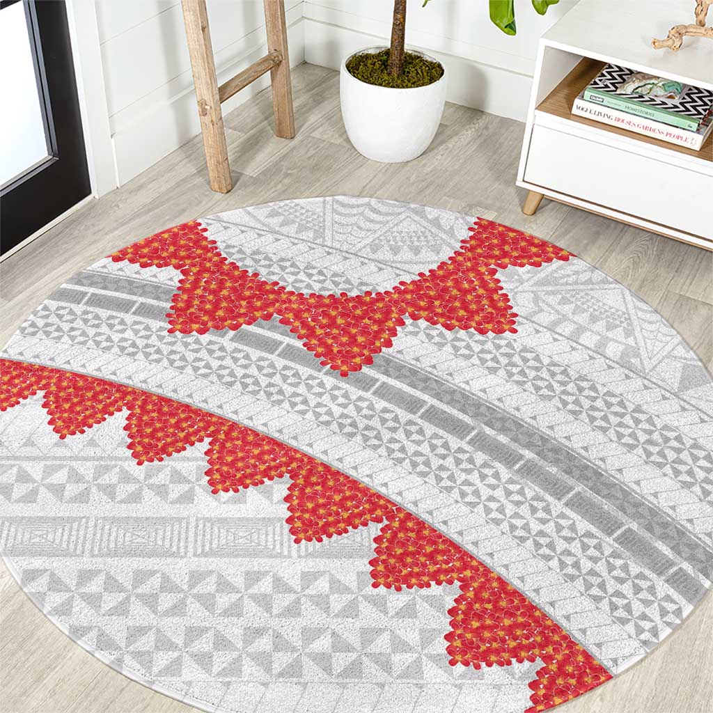Tonga White Sunday Round Carpet Heilala Flowers Tongan Ngatu Pattern