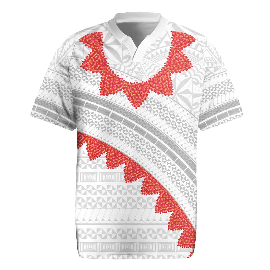Tonga White Sunday Rugby Jersey Heilala Flowers Tongan Ngatu Pattern