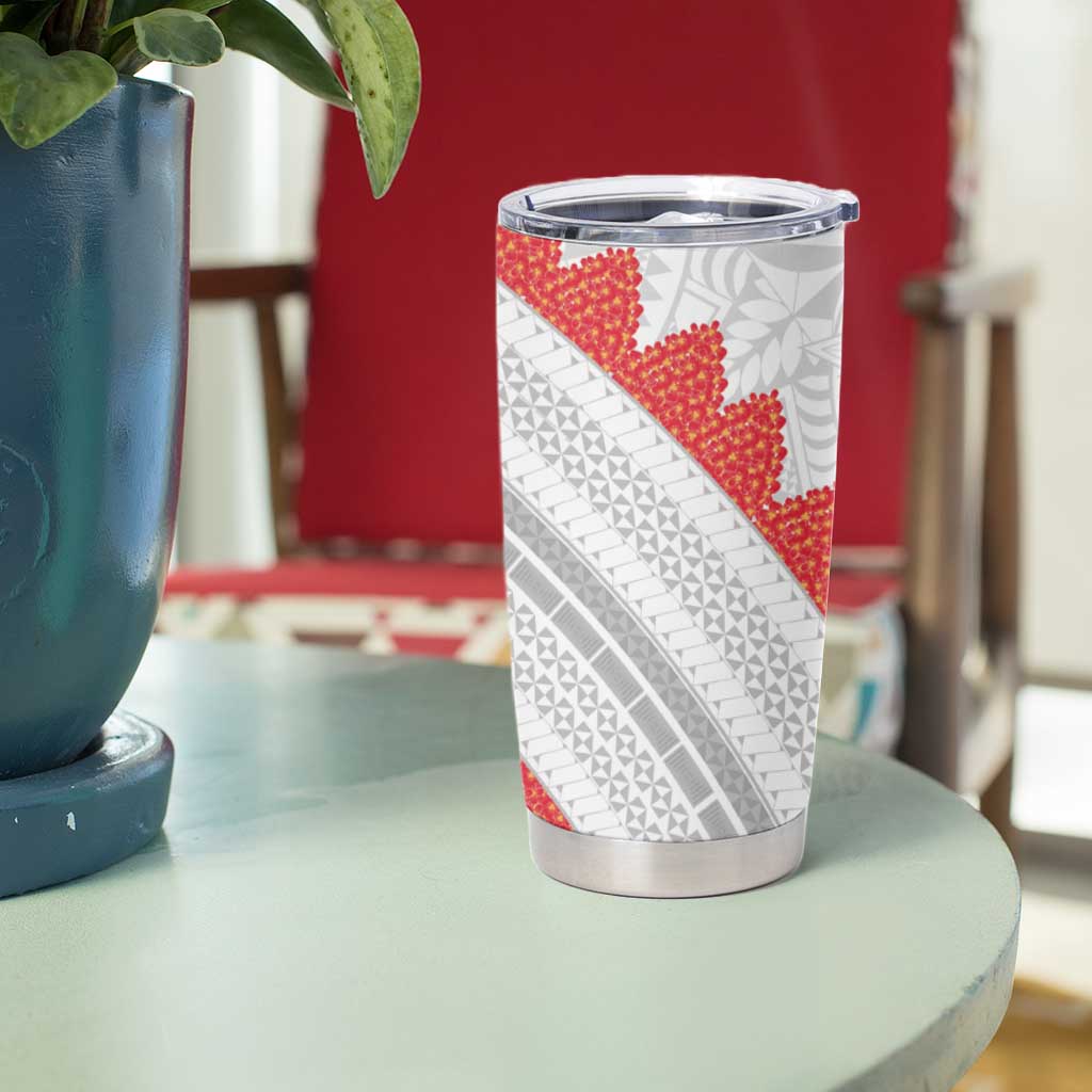 Tonga White Sunday Tumbler Cup Heilala Flowers Tongan Ngatu Pattern