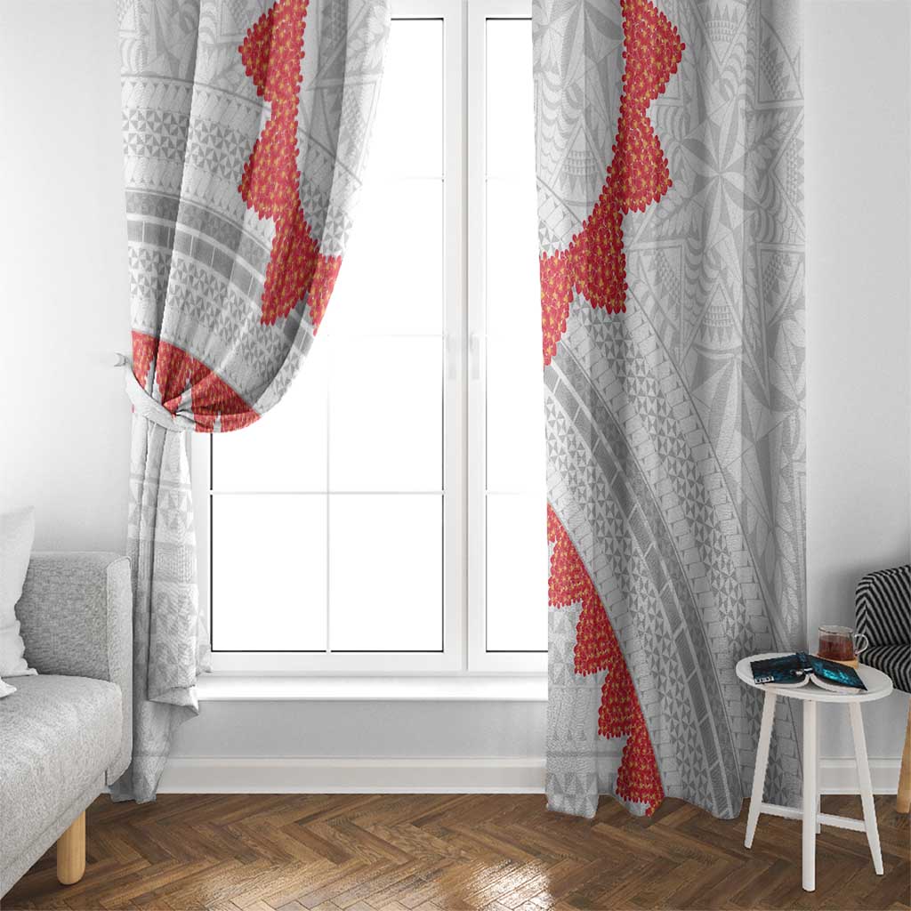 Tonga White Sunday Window Curtain Heilala Flowers Tongan Ngatu Pattern