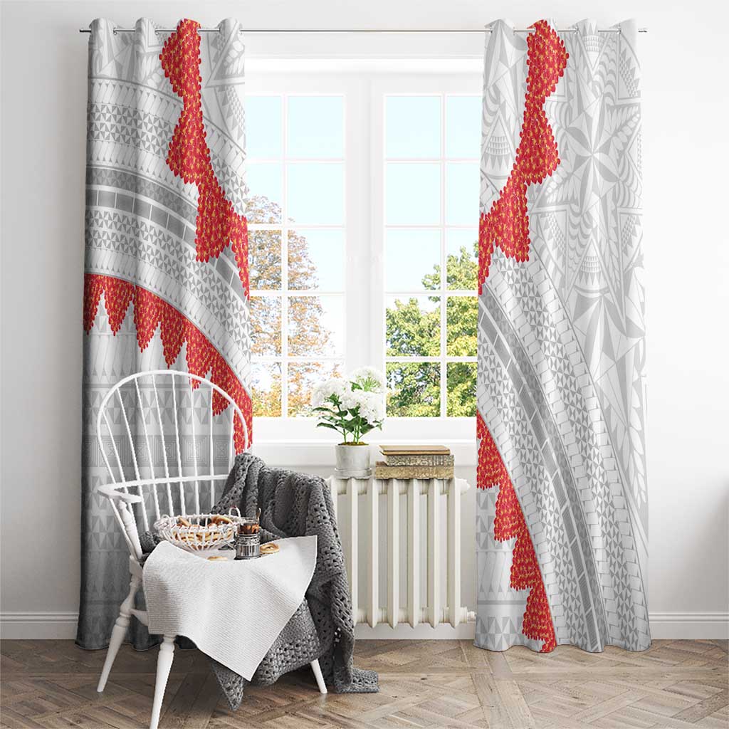 Tonga White Sunday Window Curtain Heilala Flowers Tongan Ngatu Pattern