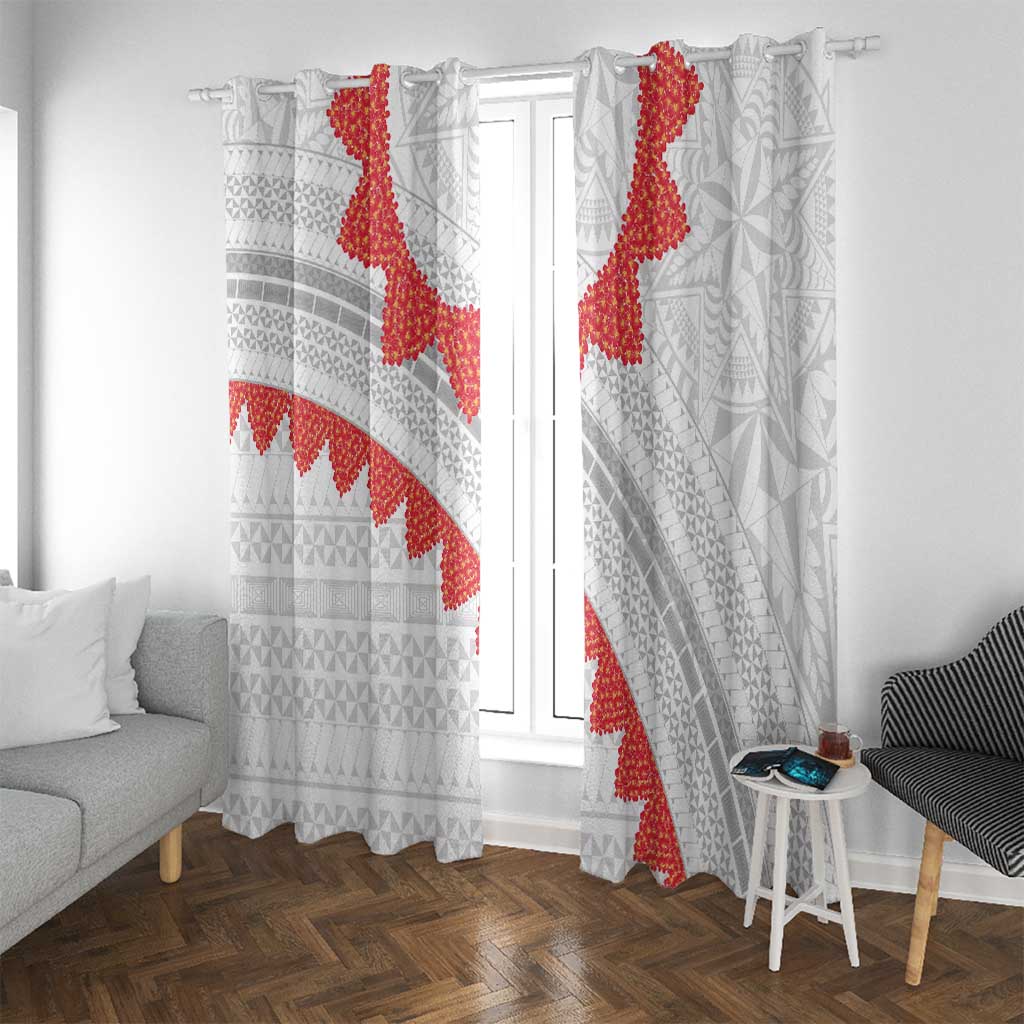 Tonga White Sunday Window Curtain Heilala Flowers Tongan Ngatu Pattern