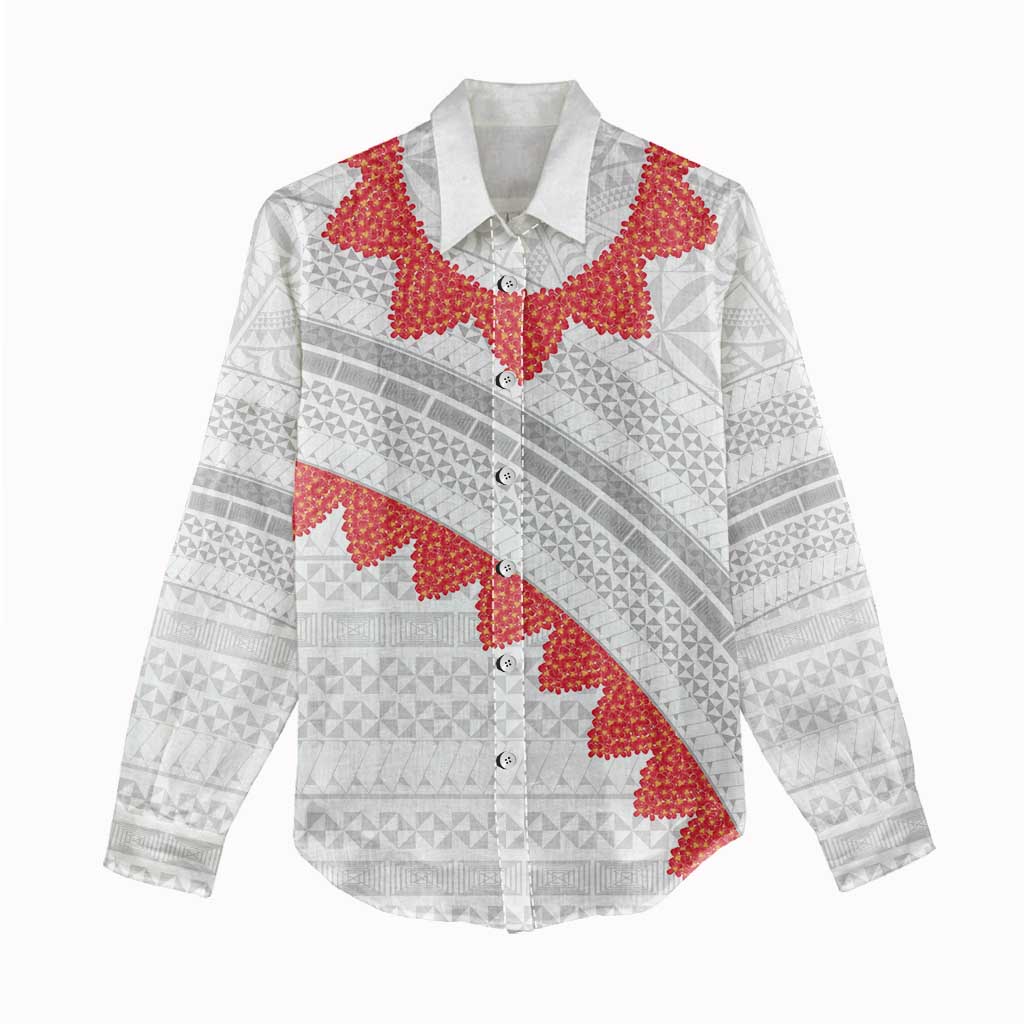 Tonga White Sunday Women Casual Shirt Heilala Flowers Tongan Ngatu Pattern