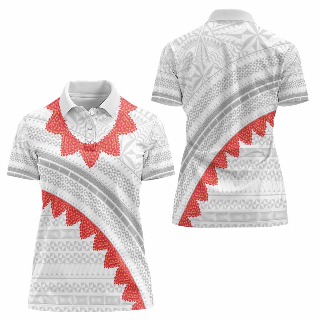 Tonga White Sunday Women Polo Shirt Heilala Flowers Tongan Ngatu Pattern