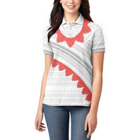 Tonga White Sunday Women Polo Shirt Heilala Flowers Tongan Ngatu Pattern