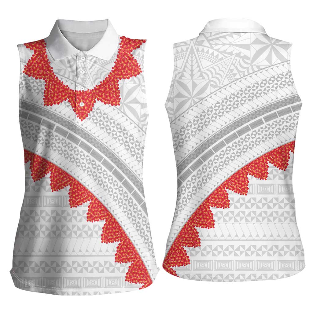 Tonga White Sunday Women Sleeveless Polo Shirt Heilala Flowers Tongan Ngatu Pattern