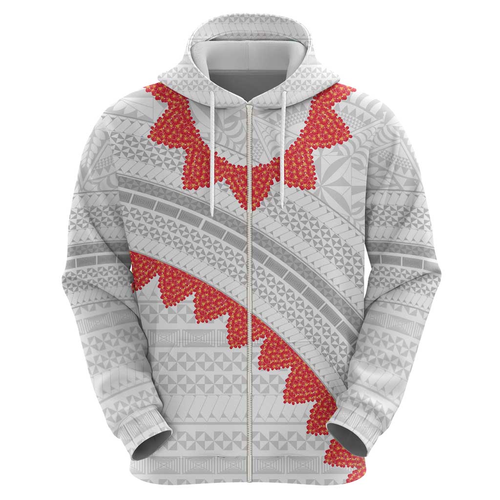 Tonga White Sunday Zip Hoodie Heilala Flowers Tongan Ngatu Pattern