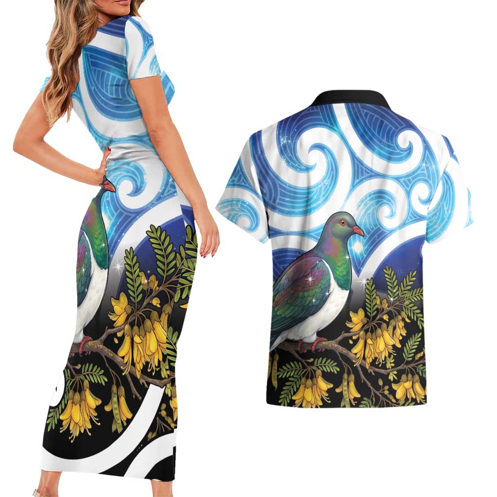 Kekeru New Zealand Matariki Couples Matching Short Sleeve Bodycon Dress and Hawaiian Shirt Kukupa Kowhai Maori New Year Blue Version LT14 - Polynesian Pride