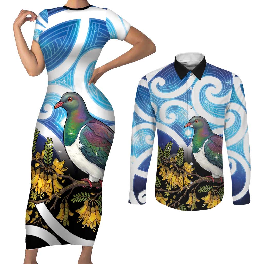 Kekeru New Zealand Matariki Couples Matching Short Sleeve Bodycon Dress and Long Sleeve Button Shirt Kukupa Kowhai Maori New Year Blue Version