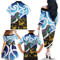 Kekeru New Zealand Matariki Family Matching Off The Shoulder Long Sleeve Dress and Hawaiian Shirt Kukupa Kowhai Maori New Year Blue Version LT14 - Polynesian Pride