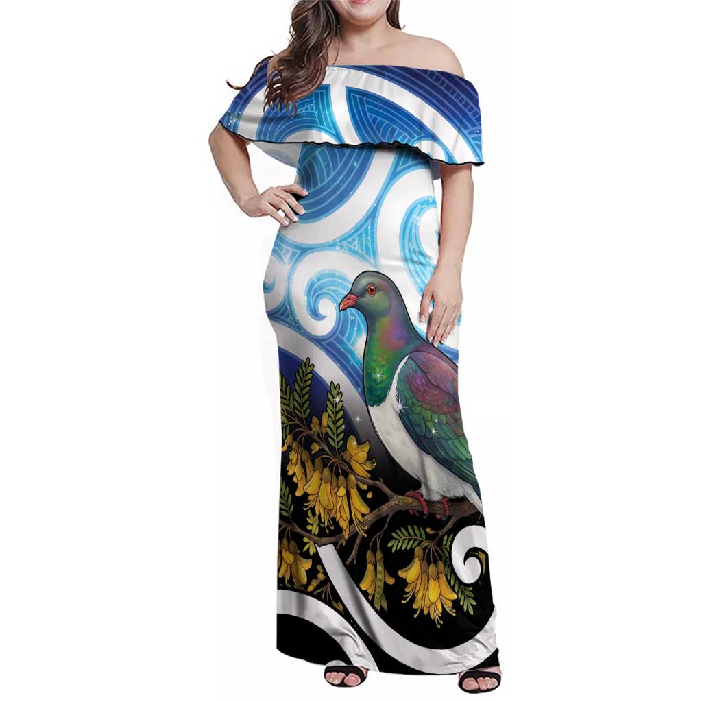 Kekeru New Zealand Matariki Family Matching Off Shoulder Maxi Dress and Hawaiian Shirt Kukupa Kowhai Maori New Year Blue Version LT14 Mom's Dress Blue - Polynesian Pride