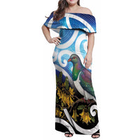 Kekeru New Zealand Matariki Family Matching Off Shoulder Maxi Dress and Hawaiian Shirt Kukupa Kowhai Maori New Year Blue Version LT14 Mom's Dress Blue - Polynesian Pride
