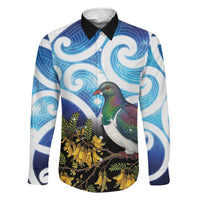 Kekeru New Zealand Matariki Family Matching Off Shoulder Short Dress and Hawaiian Shirt Kukupa Kowhai Maori New Year Blue Version LT14 Dad's Shirt - Long Sleeve Blue - Polynesian Pride