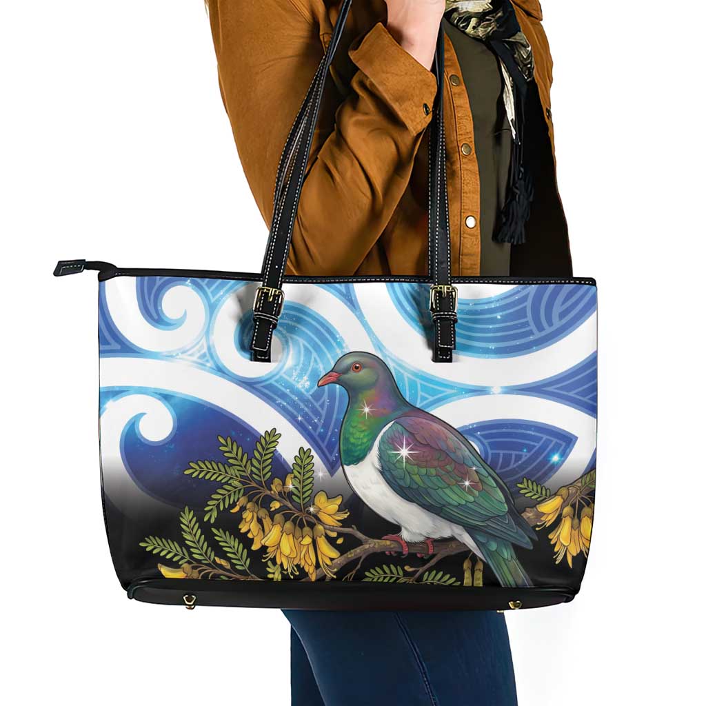 Kekeru New Zealand Matariki Leather Tote Bag Kukupa Kowhai Maori New Year Blue Version LT14 - Polynesian Pride