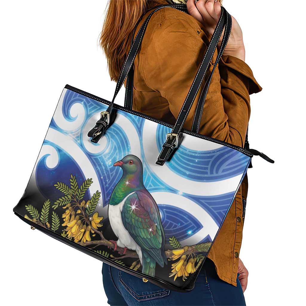 Kekeru New Zealand Matariki Leather Tote Bag Kukupa Kowhai Maori New Year Blue Version LT14 - Polynesian Pride