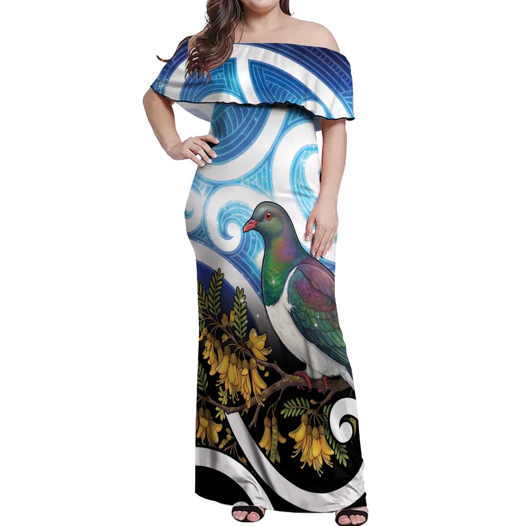 Kekeru New Zealand Matariki Off Shoulder Maxi Dress Kukupa Kowhai Maori New Year Blue Version