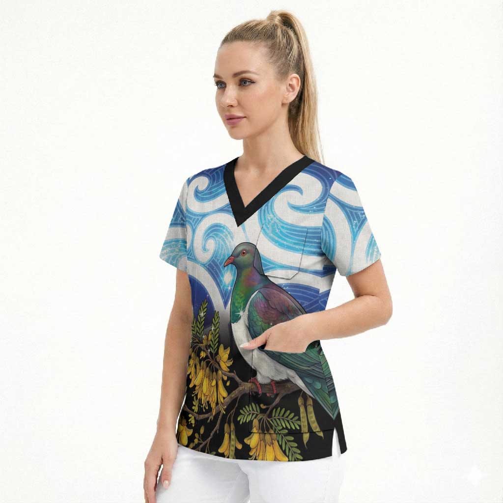 Kekeru New Zealand Matariki Scrub Top Kukupa Kowhai Maori New Year Blue Version LT14 - Polynesian Pride